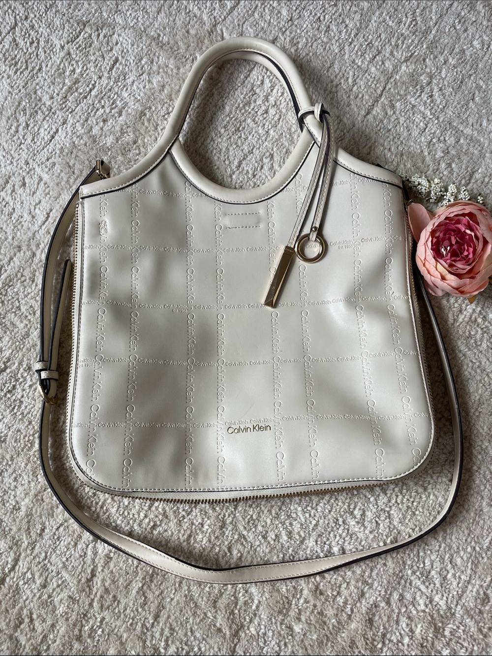Calvin Klein Off-White Embossed Leather Shoulder Tote Satchel